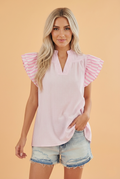 Stripe Contrast Trim V-Neck Flutter Sleeve Blouse