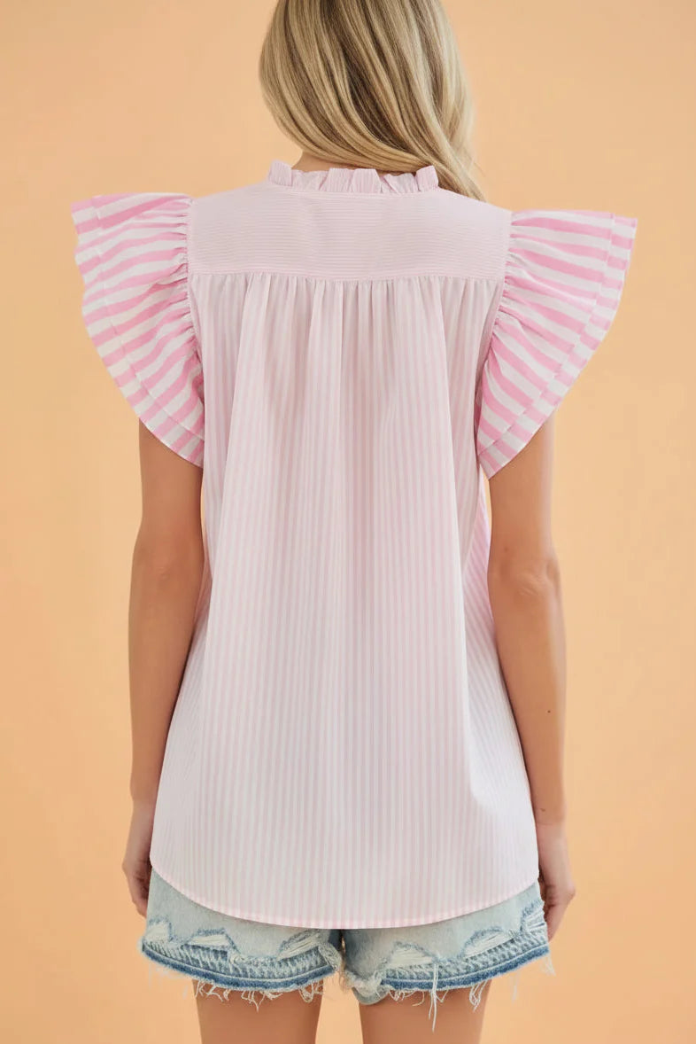 Stripe Contrast Trim V-Neck Flutter Sleeve Blouse