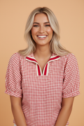 Gingham Plaid Colorblock Trim Split Neck Blouse