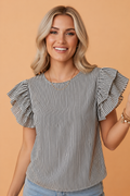 Stripe Ruffle Sleeve Round Neck Blouse