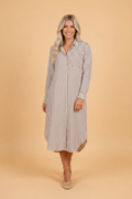 Stripe Textured 3/4 Sleeve Split Hem Midi Dress