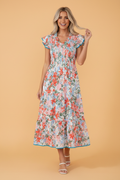 Floral Flutter Sleeve Smocked V-Neck Maxi Dress