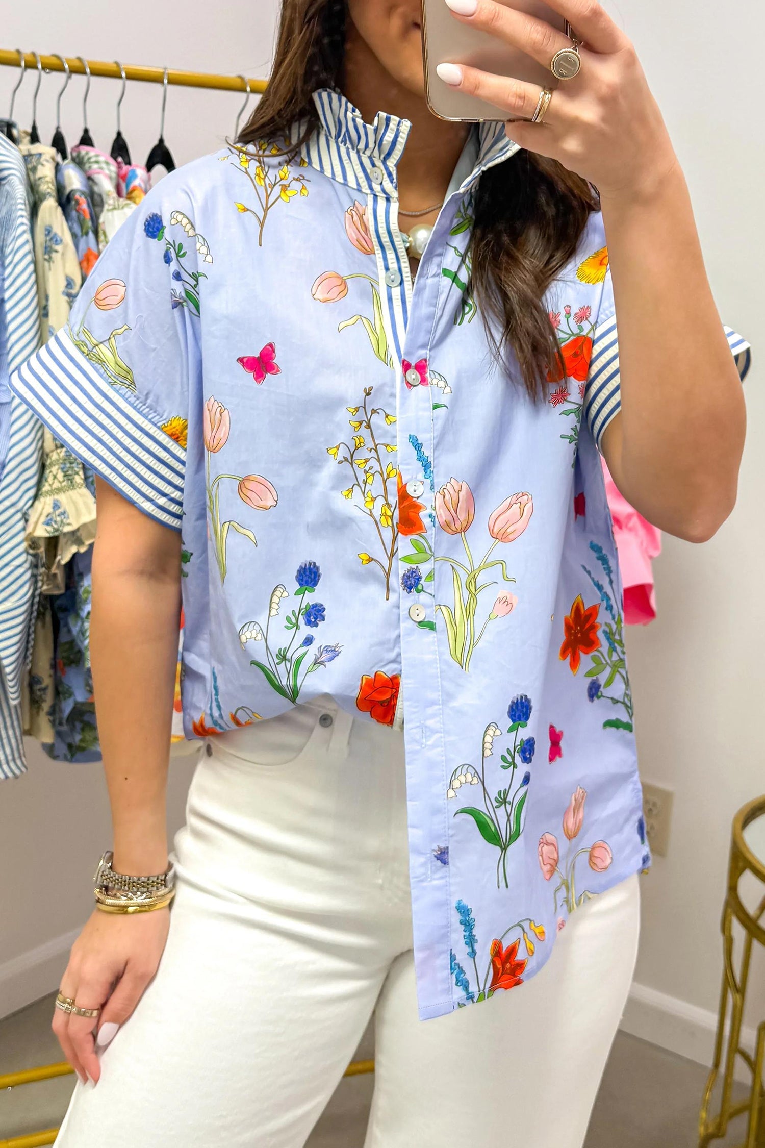 Floral Stripe Patchwork Ruffled Collar Shirt