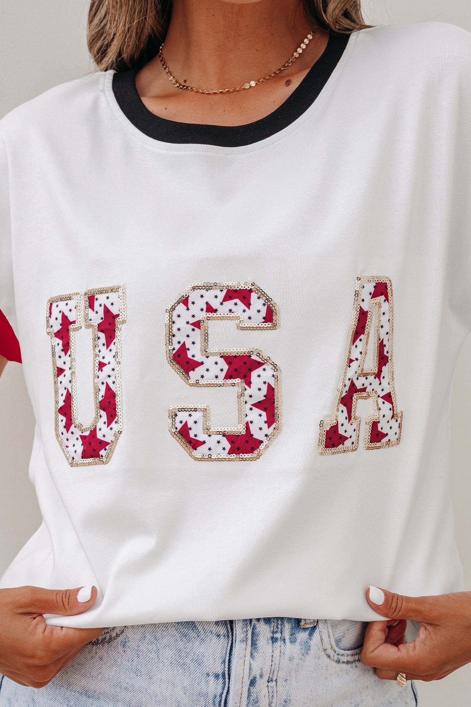 Sequin Star USA Patch Colorblock Trim T-Shirt