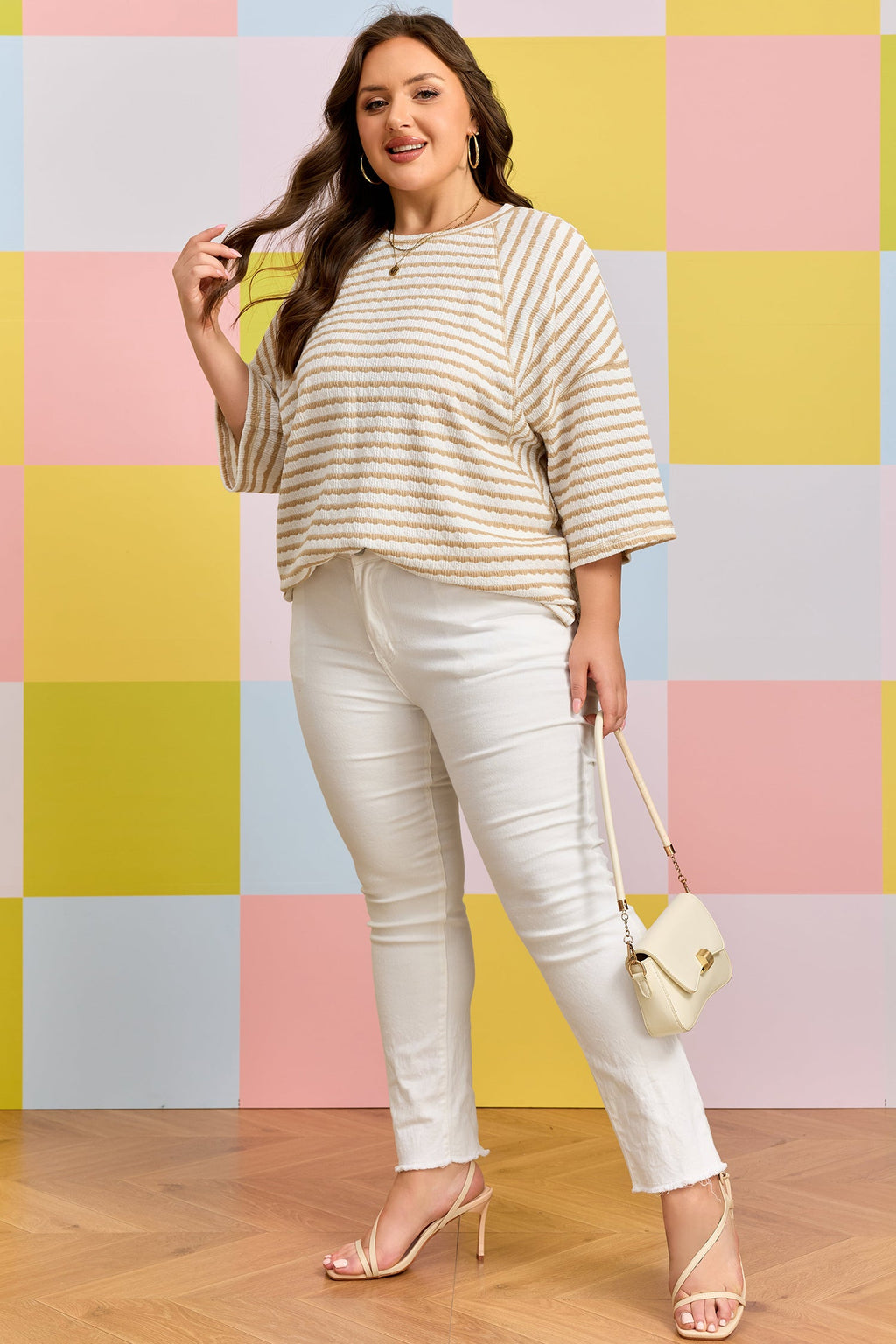 Plus Size Stripe Textured Patchwork 3/4 Sleeve Top