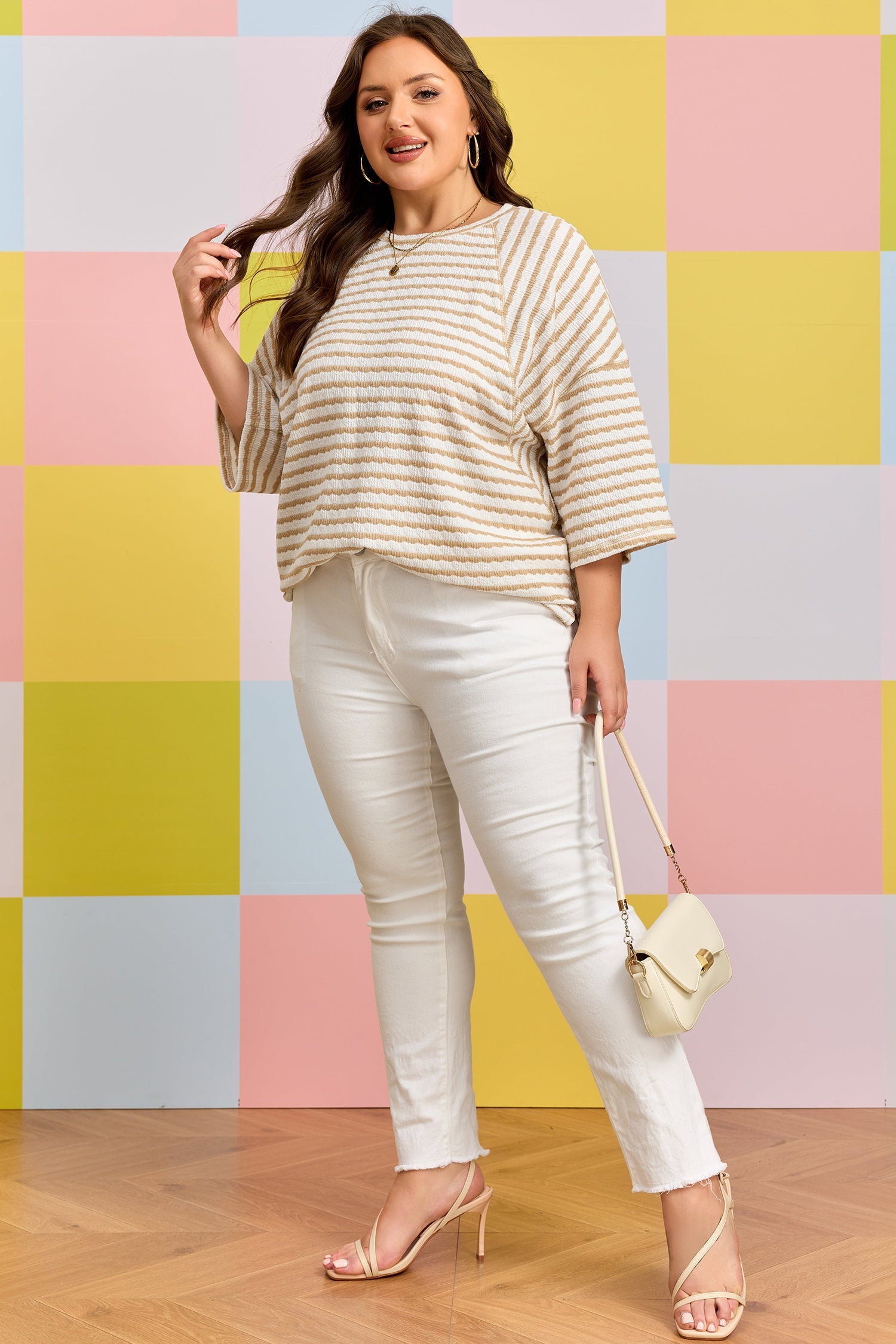 Plus Size Stripe Textured Patchwork 3/4 Sleeve Top