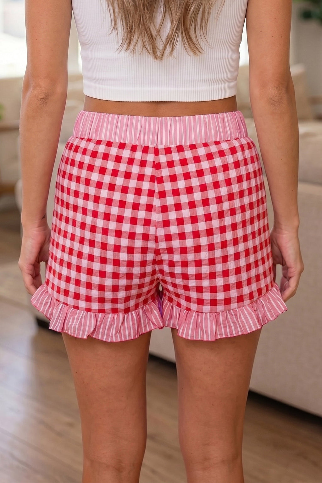 Gingham Ruffle Stripe Patchwork Lace Tie Shorts