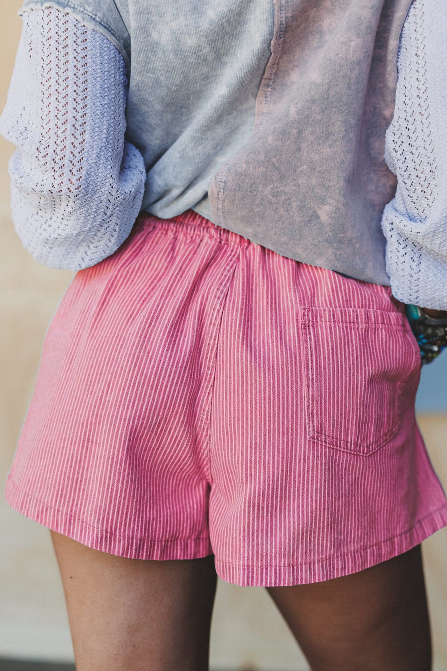 Stripe Denim Drawstring Elastic Waist Shorts