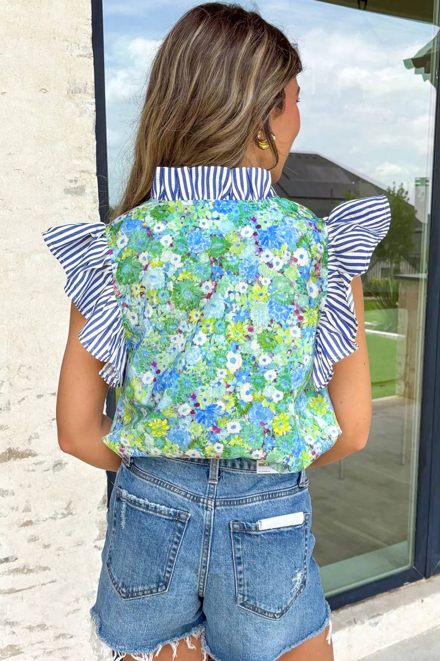 Floral Stripe Patchwork Flutter Sleeve V-Neck Blouse