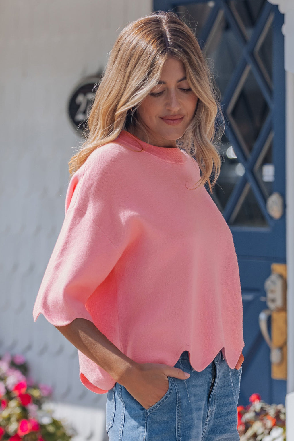 Solid Scalloped Hem 3/4 Sleeve Sweater Top