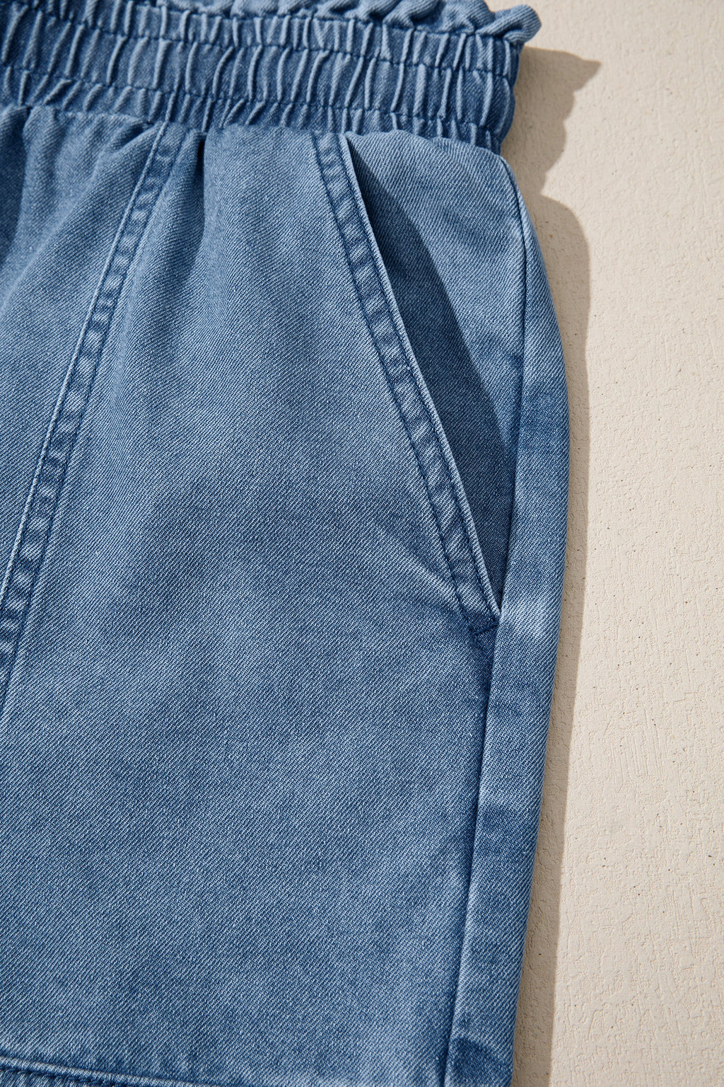 Solid Denim Smocked Elastic Waist Shorts