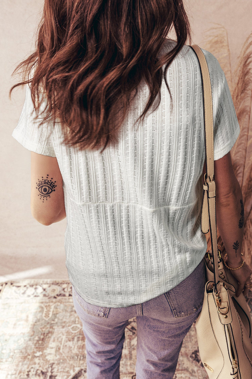 Solid Textured Knit V-Neck Henley Tee