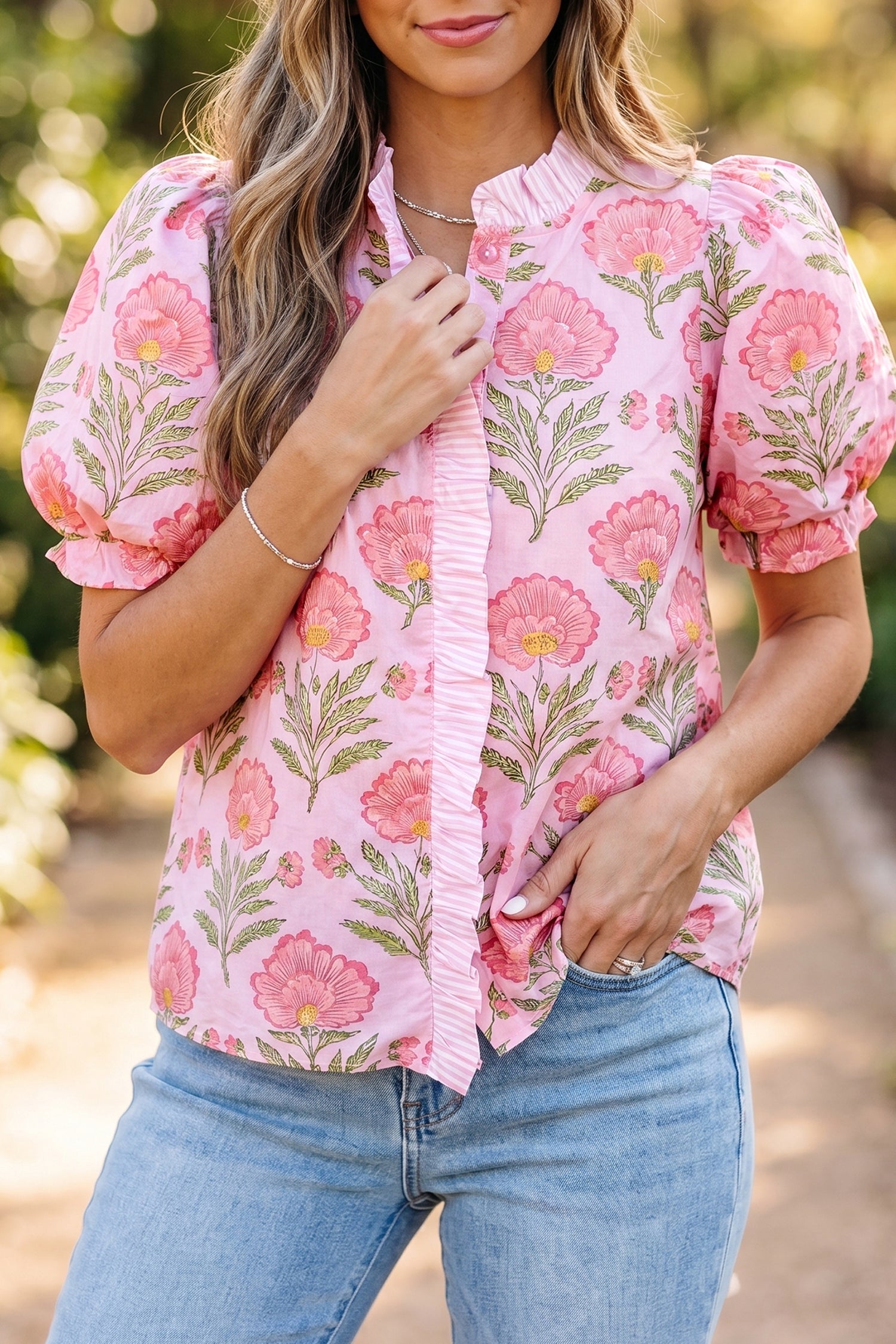 Floral Ruffle Stripe Trim Puff Sleeve Shirt
