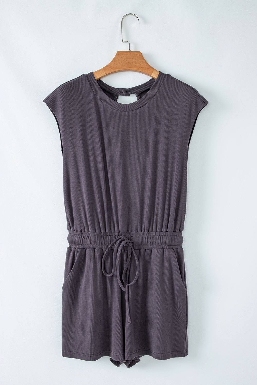 Solid Open Back Cap Sleeve Knit Romper
