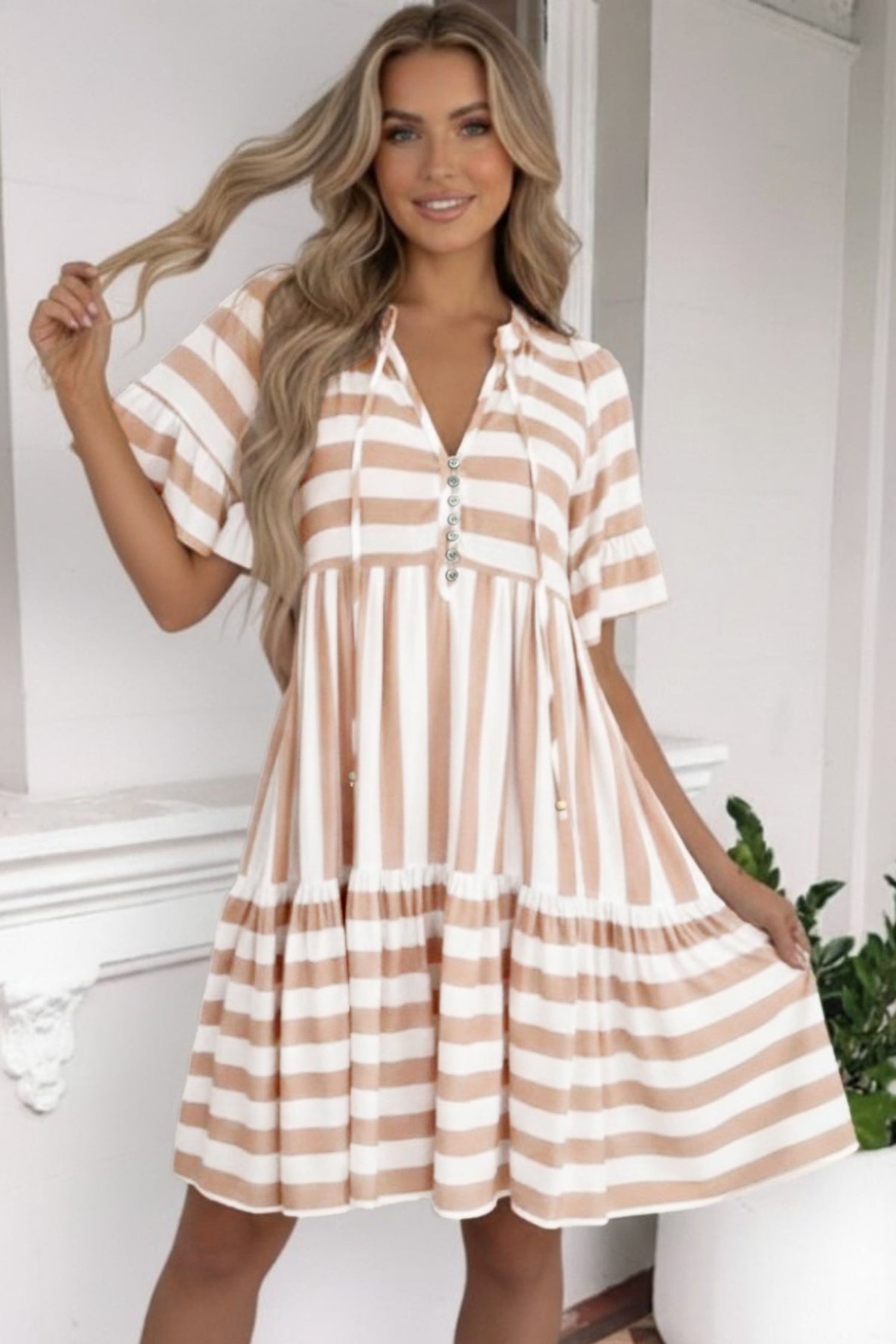 Stripe Tie V-Neck Ruffle Trim Mini Dress