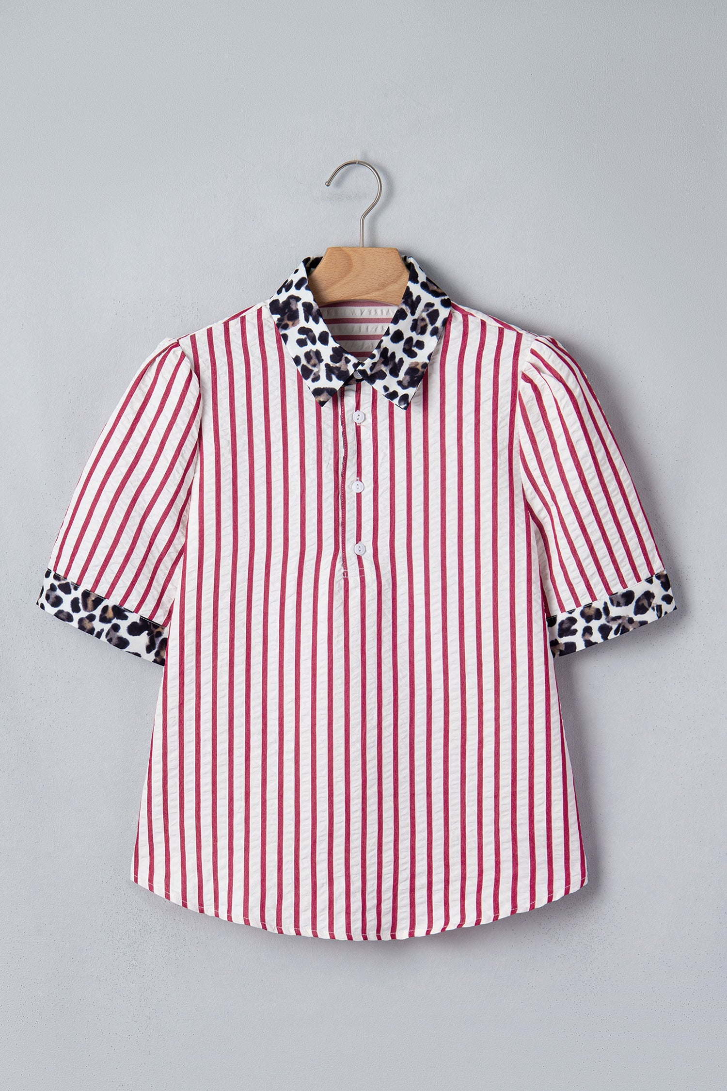 Stripe Leopard Contrast Trim Collared Blouse