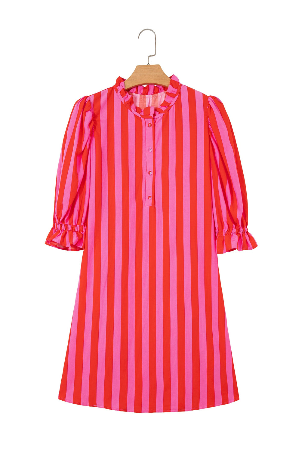 Stripe Half-Button Puff Sleeve Mini Dress