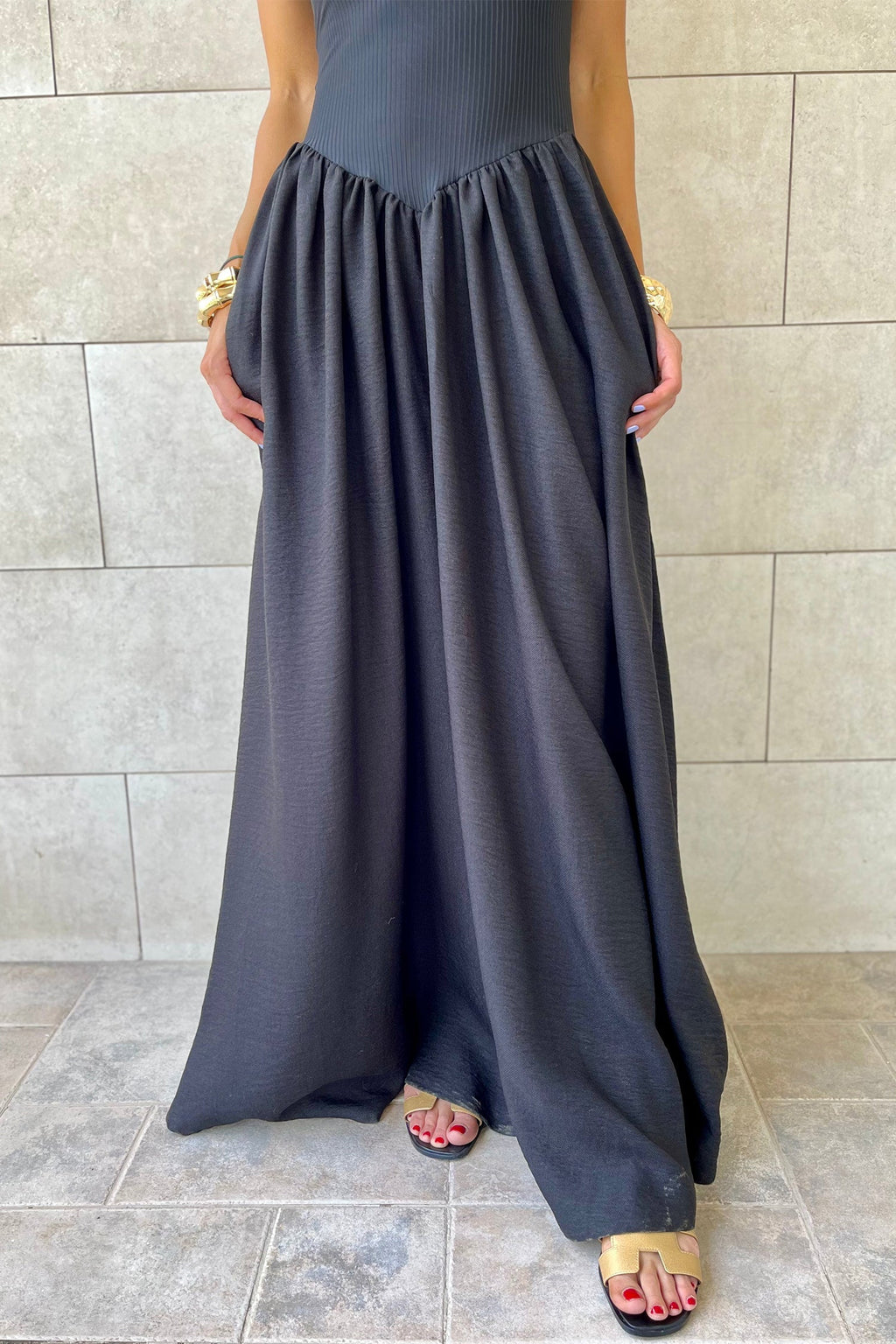 Solid Ribbed Patchwork Drop Waist Maxi Dress