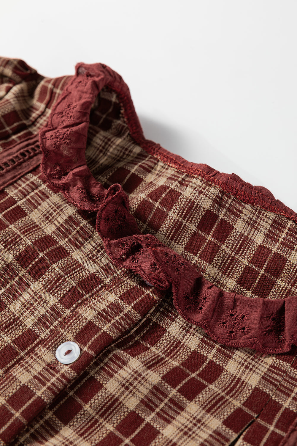 Plaid Eyelet Lace Trim Buttoned Long Sleeve Shirt