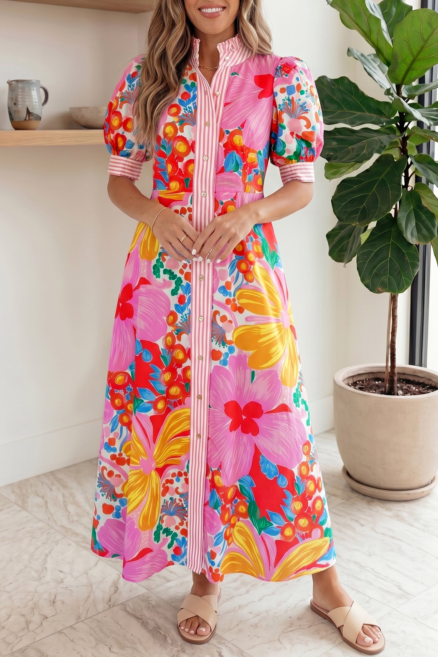 Floral Stripe Trim Puff Sleeve Buttoned Maxi Dress