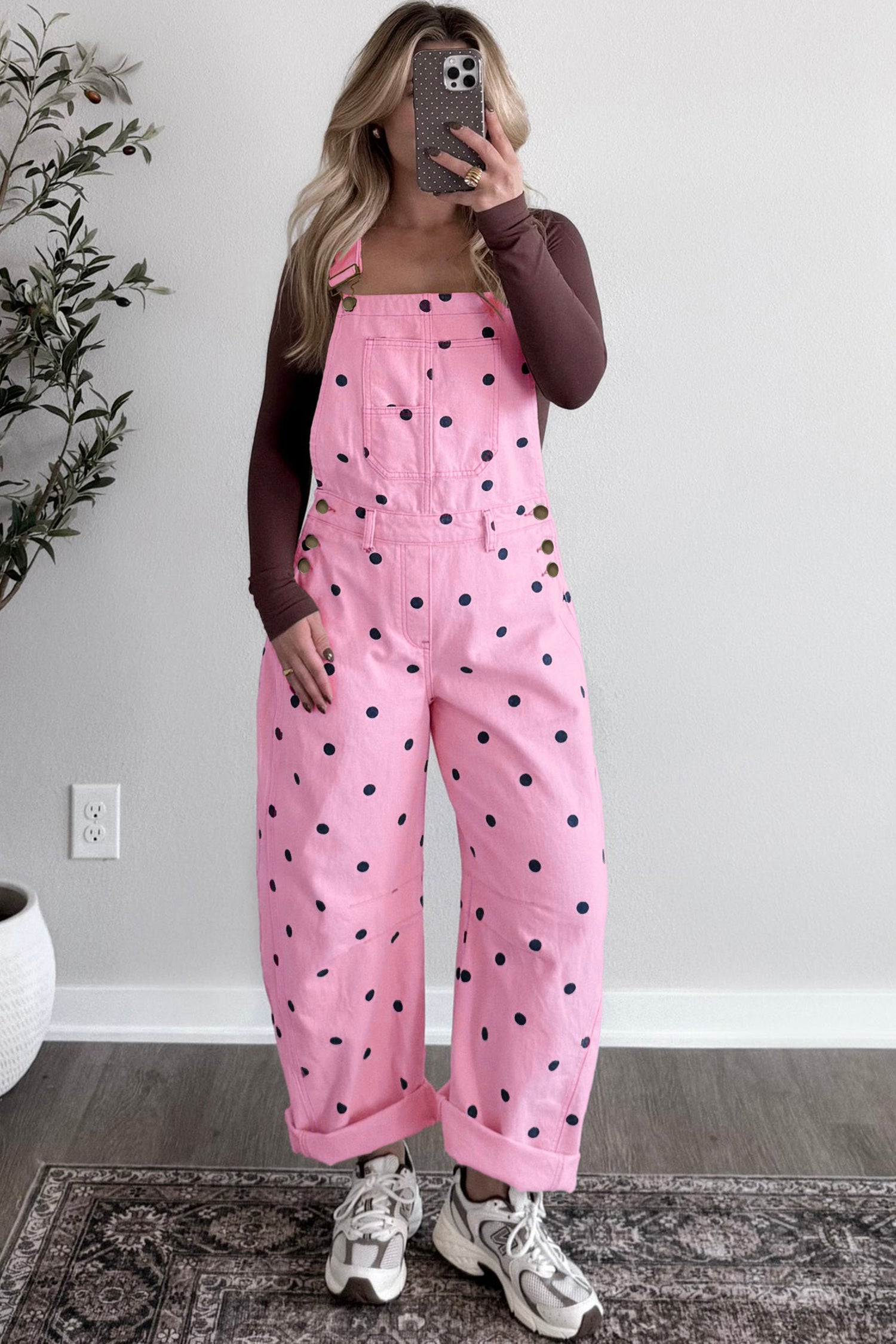 Polka Dot Denim Barrel Leg Overalls Jumpsuit
