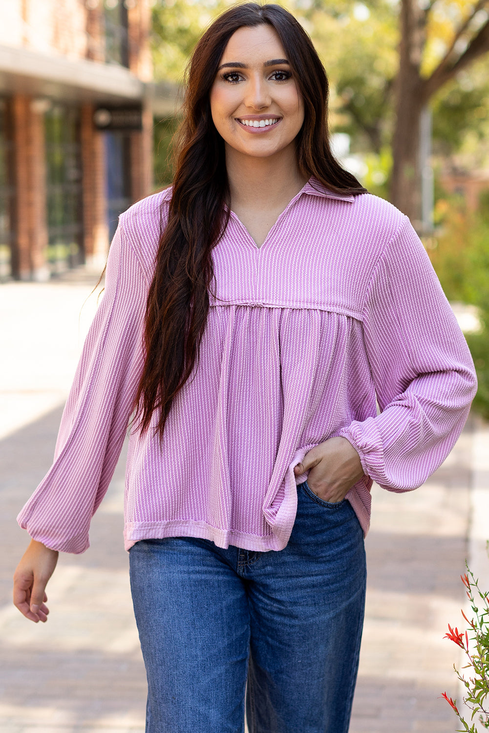 Corded V-Neck Bubble Sleeve Babydoll Blouse
