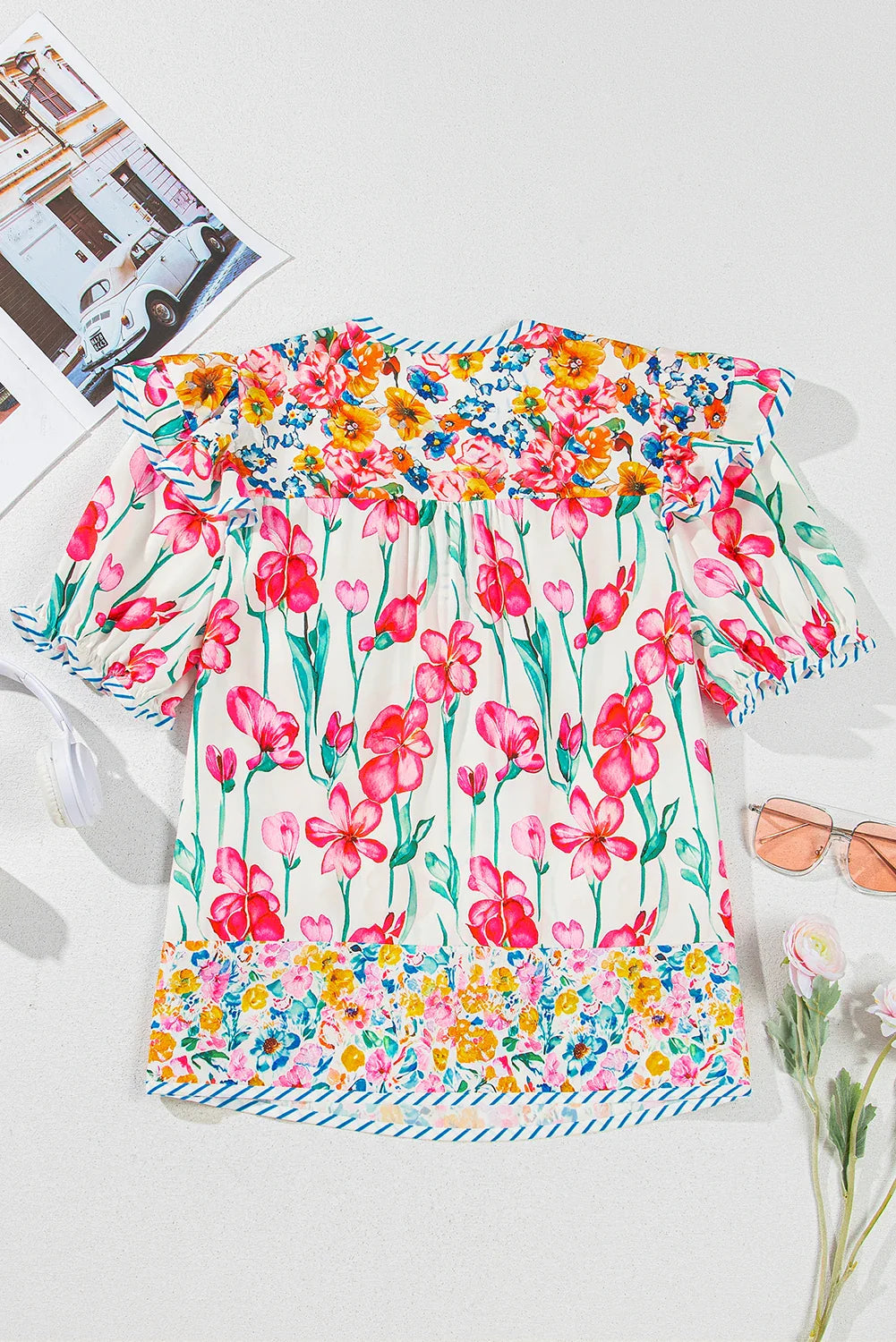 Floral Stripe Trim Split Neck Short Sleeve Blouse