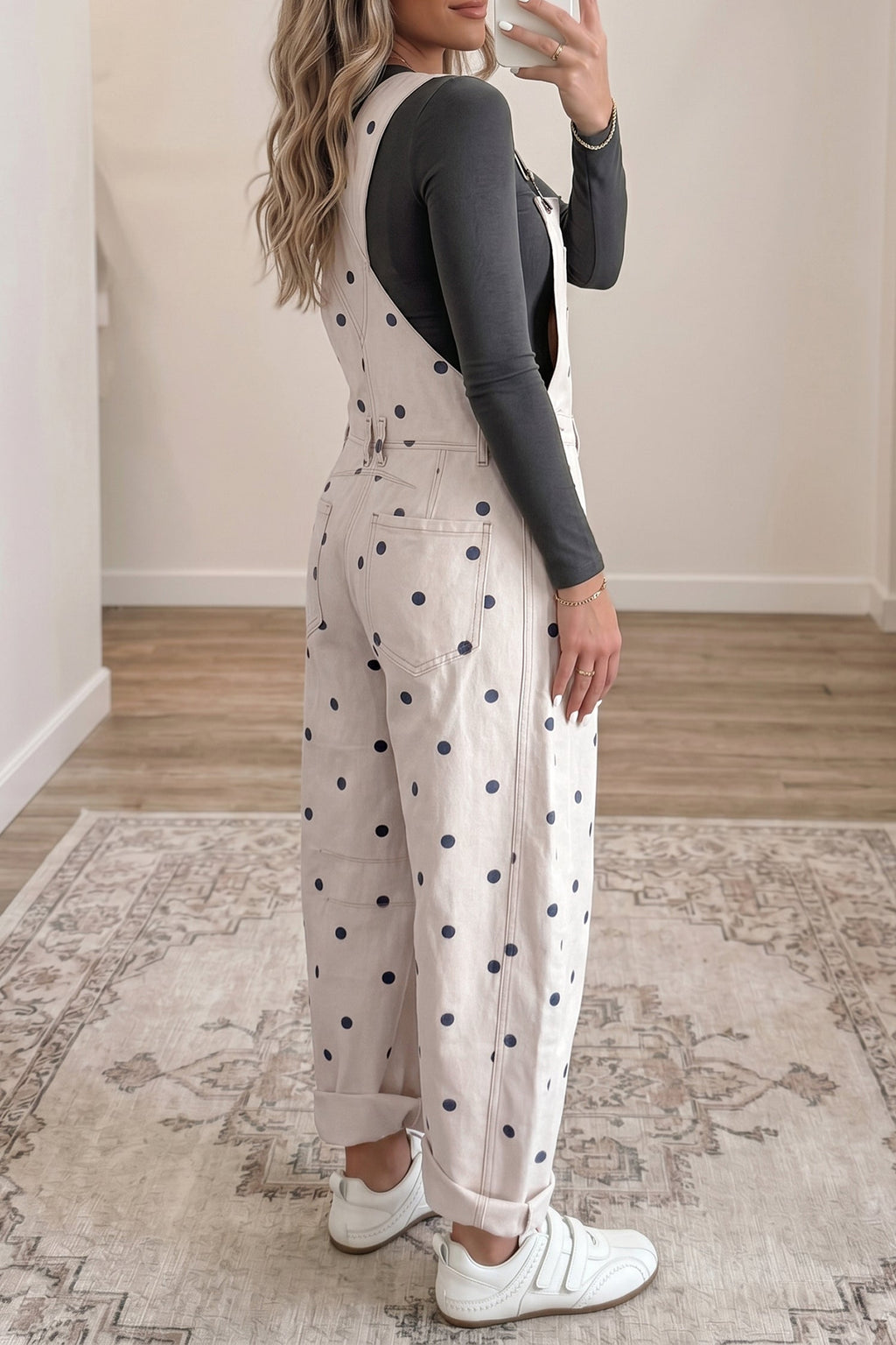 Polka Dot Denim Barrel Leg Overalls Jumpsuit