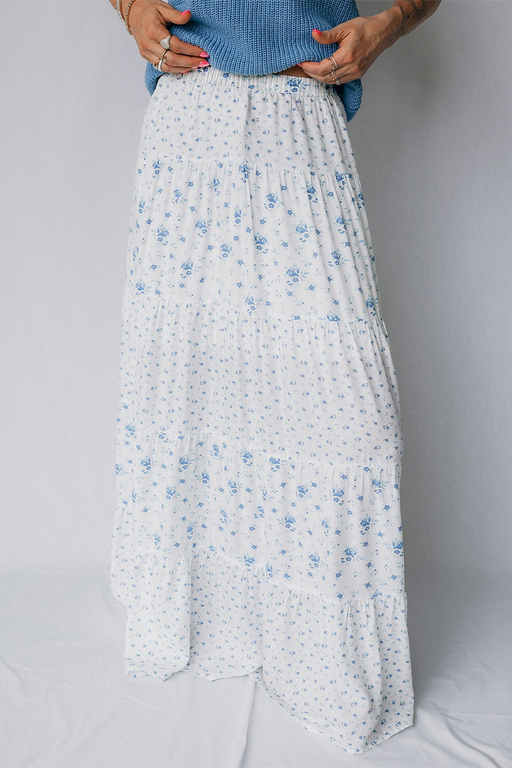 Floral Patchwork High Waist Tiered Maxi Skirt