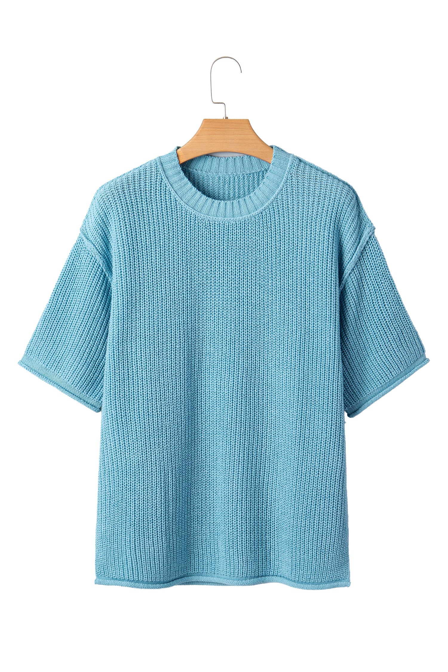 Solid Exposed Seam 3/4 Sleeve Loose Sweater