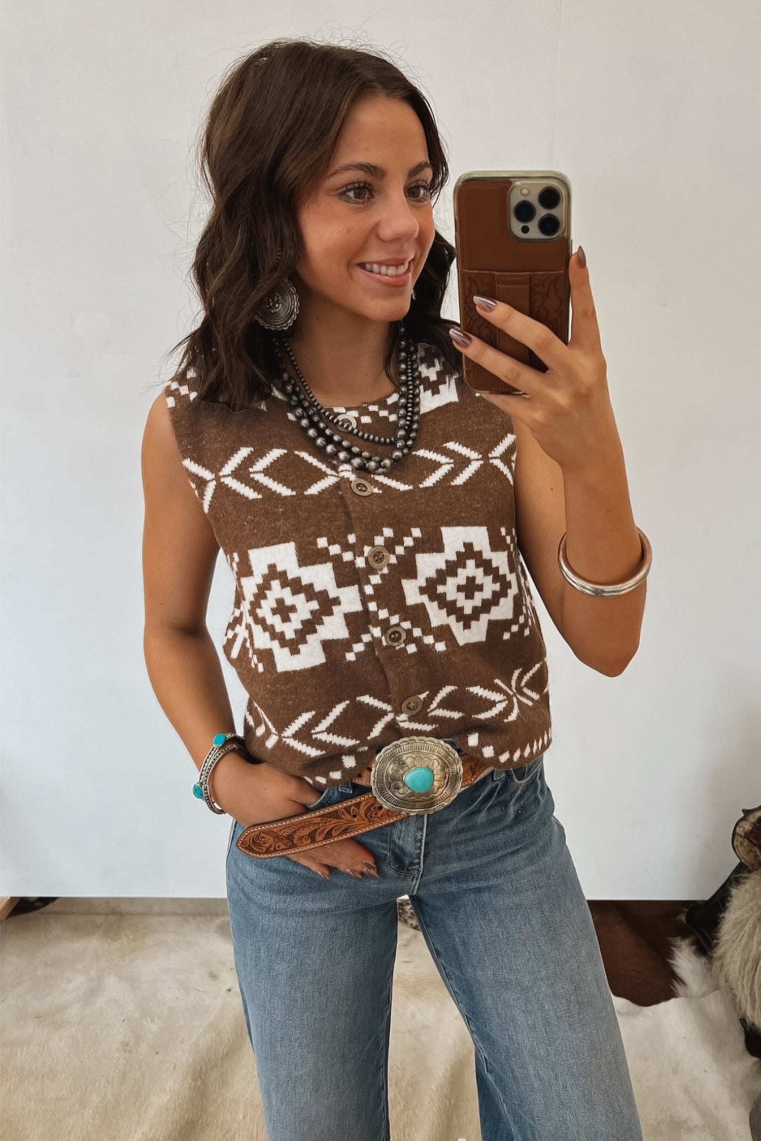 Southwestern Aztec Buttoned Sweater Vest