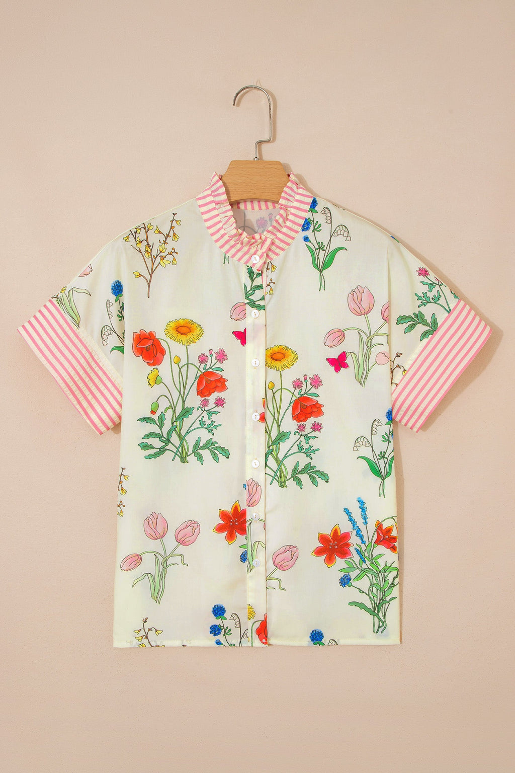 Floral Stripe Patchwork Ruffled Collar Shirt