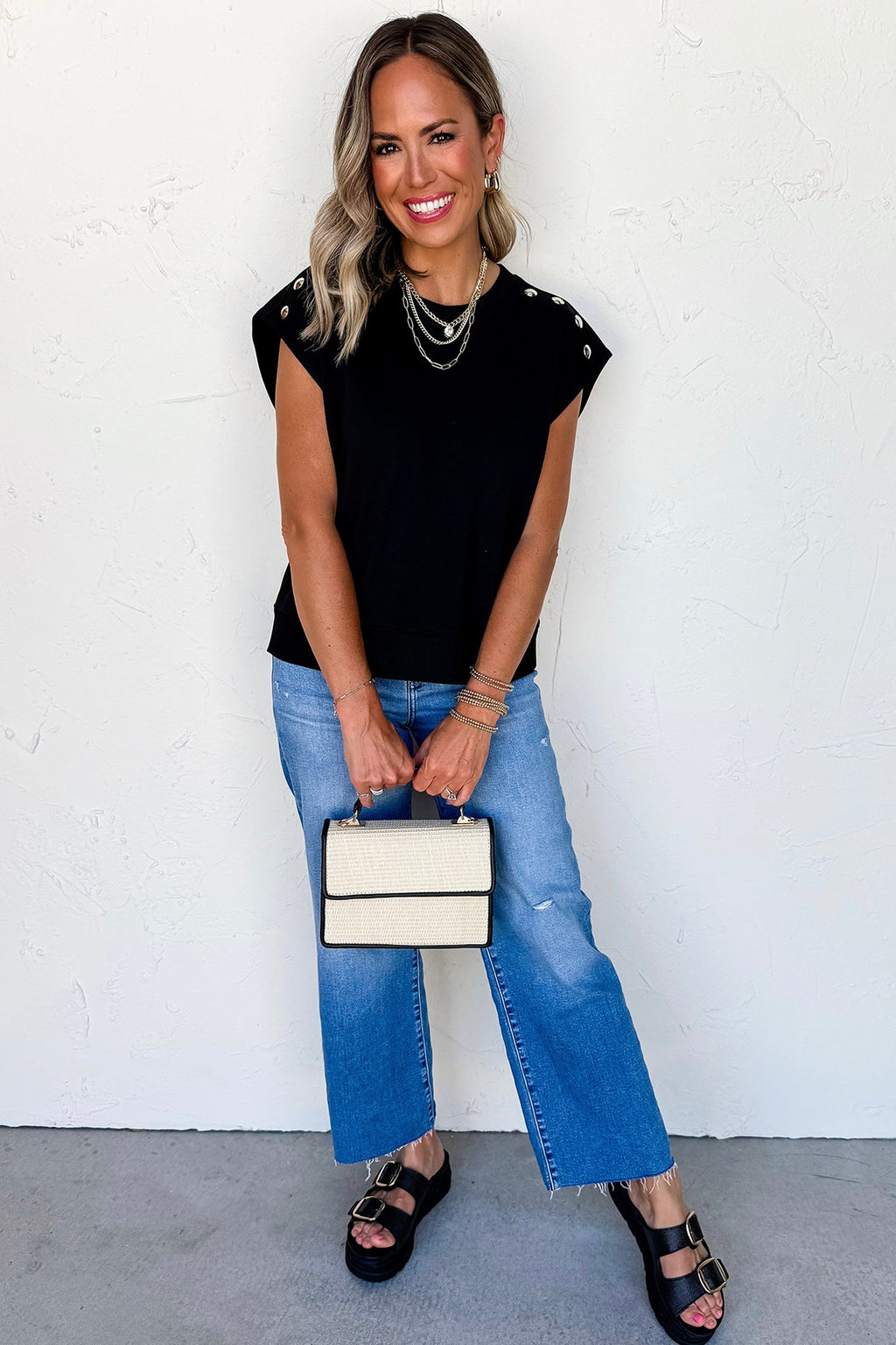 Solid Metal Button Shoulder Short Sleeve Top