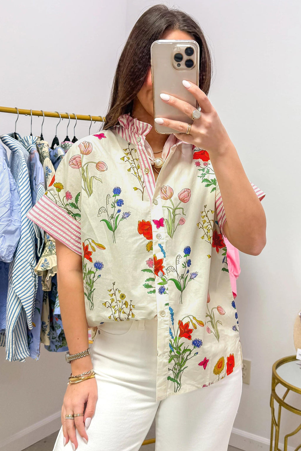 Floral Stripe Patchwork Ruffled Collar Shirt