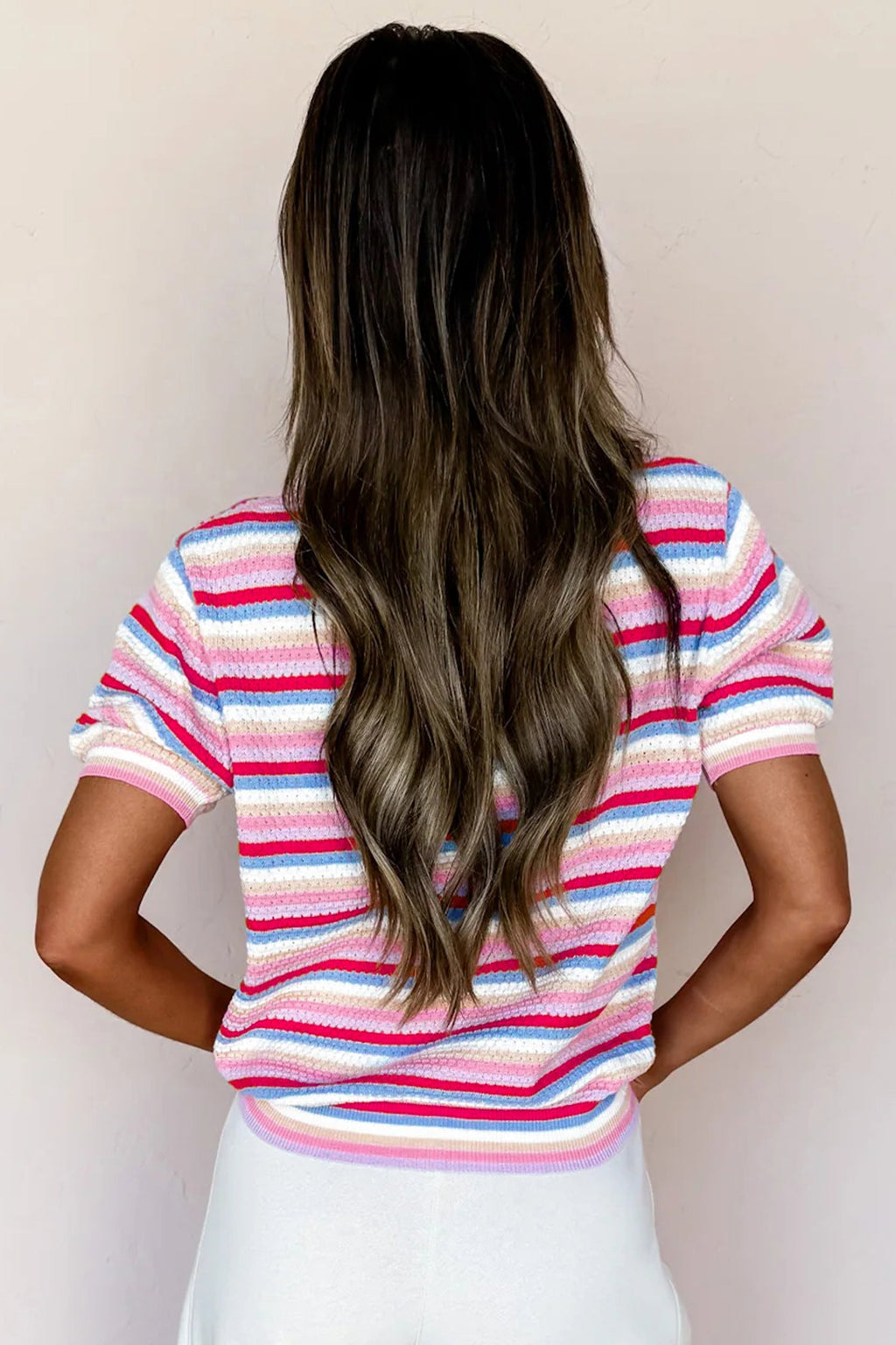 Stripe Textured Knit Short Sleeve Sweater
