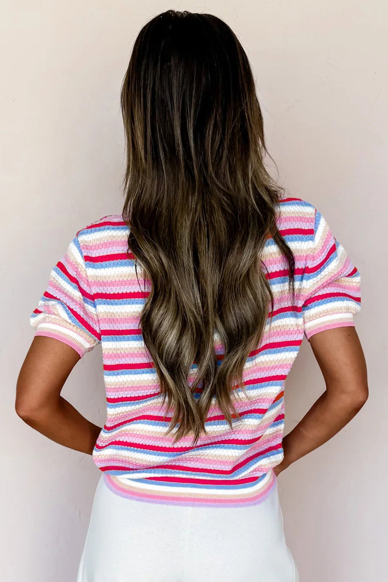 Stripe Textured Knit Short Sleeve Sweater