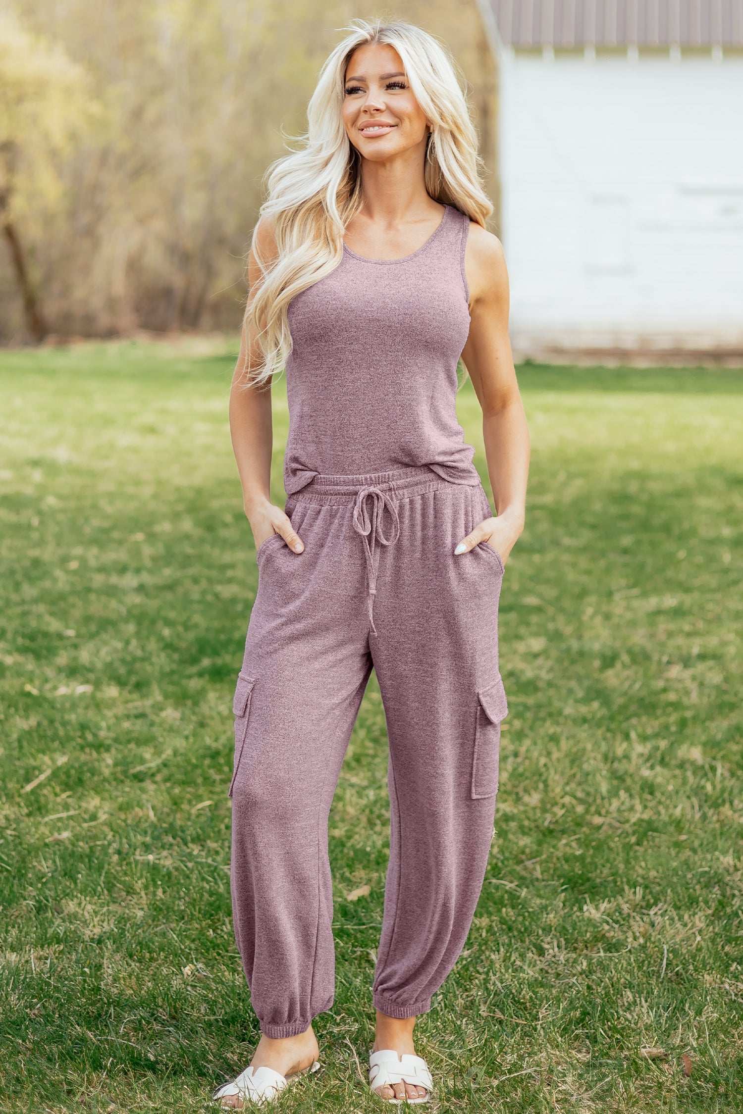 Solid Tank Top & Drawstring Jogger Pants Set