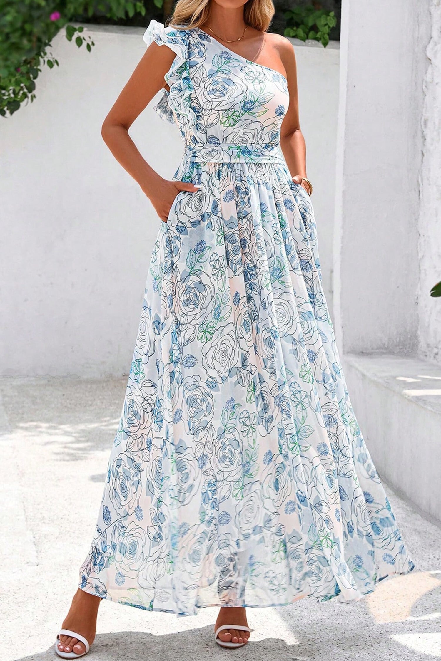 Floral Ruffle One Shoulder Maxi Dress