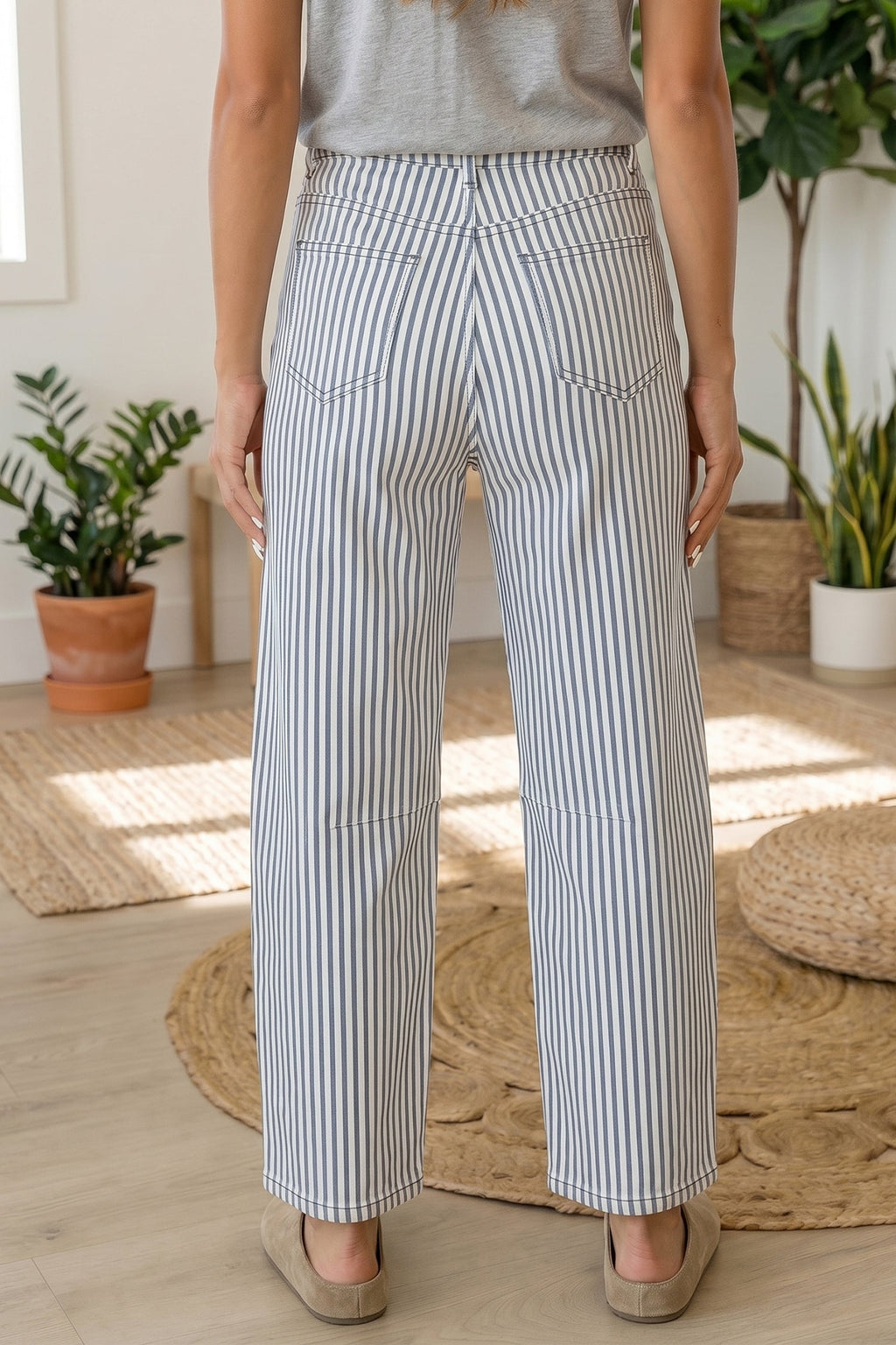 Stripe Denim High Waist Barrel Leg Jeans