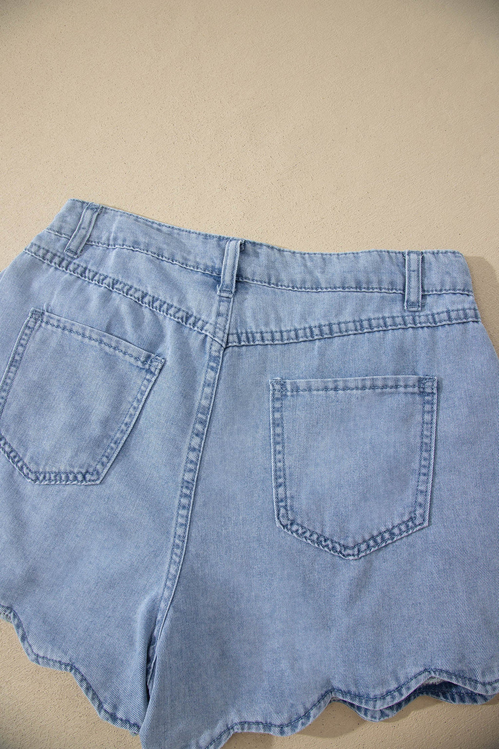 Solid Denim Scalloped Trim High Waist Shorts