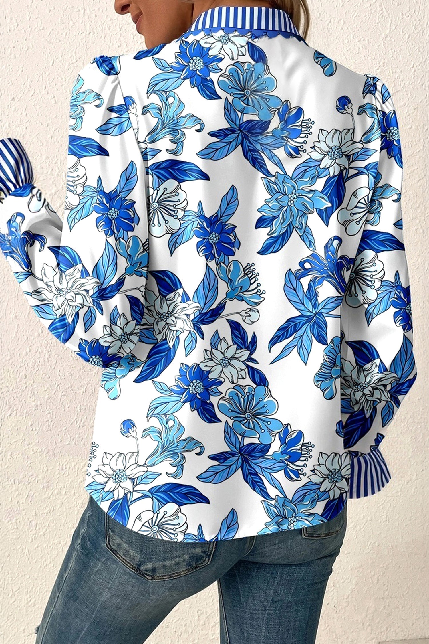 Floral Stripe Patchwork V-Neck Flounce Sleeve Blouse