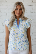 Floral Frill Notch V-Neck Blouse