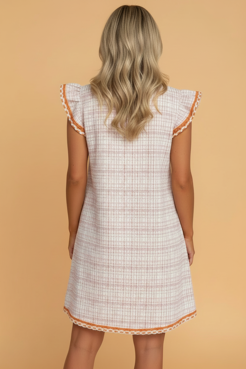 Plaid Textured Contrast Trim Tassel-Tie Mini Dress