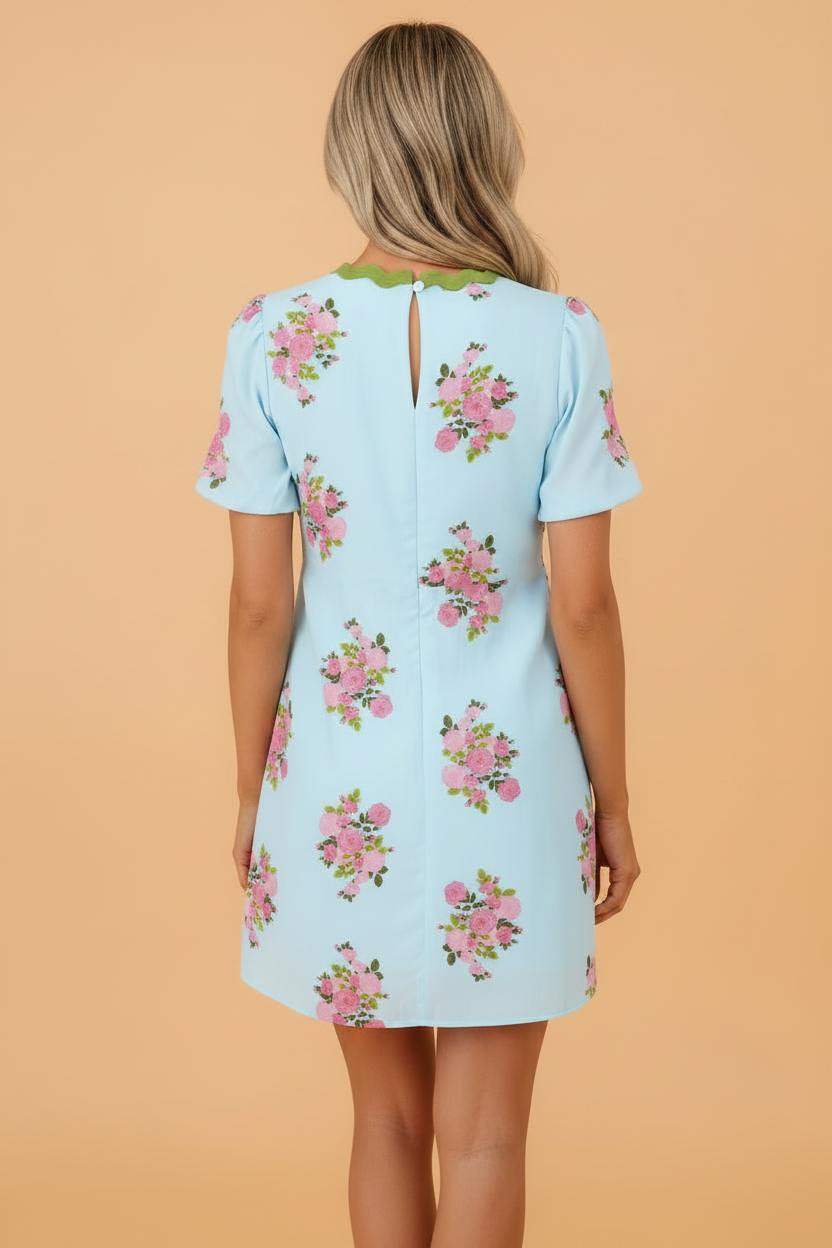 Floral Contrast Ricrac Trim Bubble Sleeve Dress