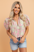 Floral Tie Neck Puff Sleeve Blouse