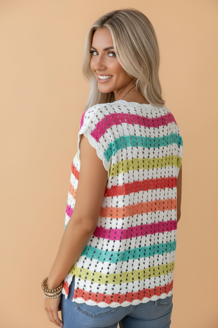 Stripe Eyelet Knit V-Neck Short Sleeve Sweater Tee