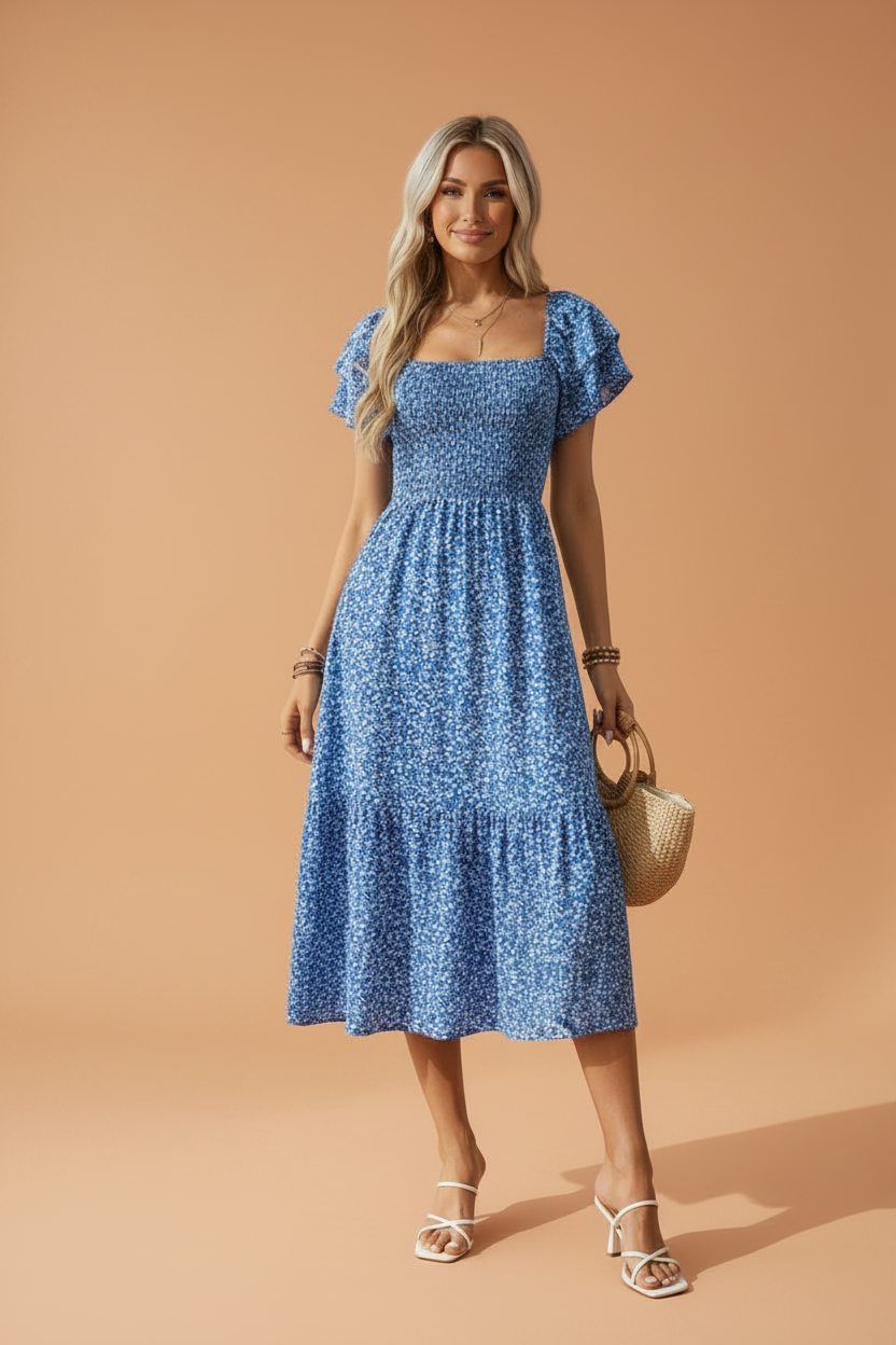 Floral Smocked Square Neck Ruffle Sleeve Dress
