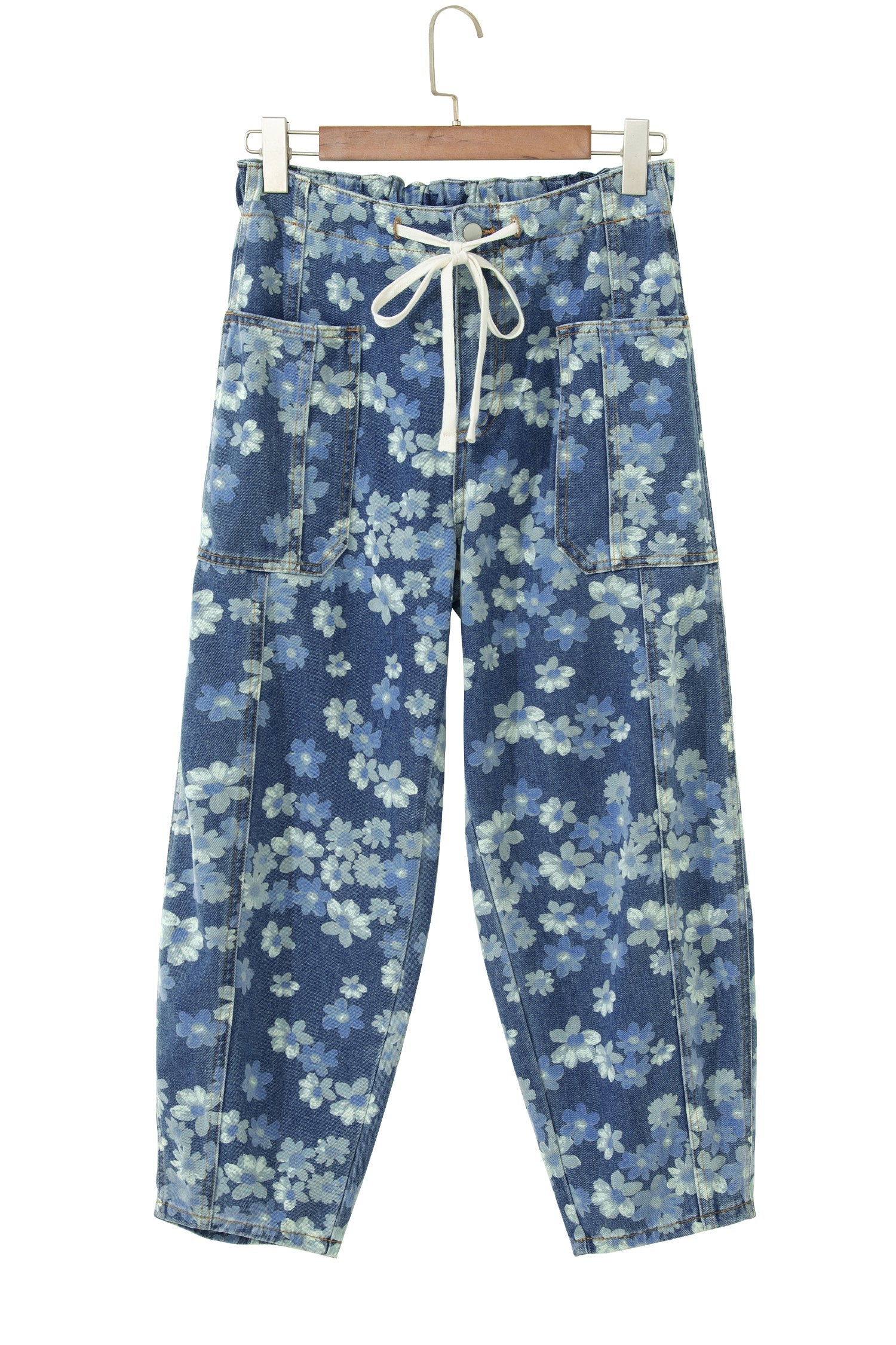 Floral Denim Drawstring Barrel Leg Jeans