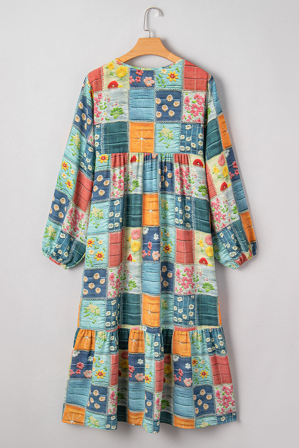 Floral Patchwork Long Sleeve Ruffle Hem Midi Dress