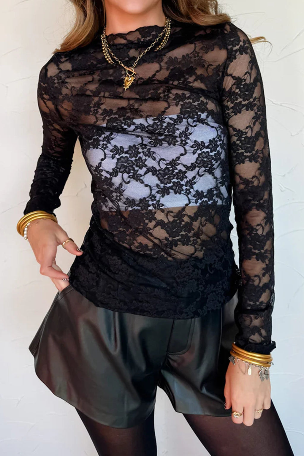 Sheer Floral Lace Mock Neck Long Sleeve Top